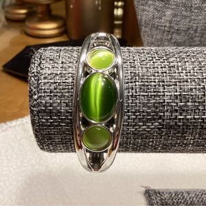 Silvertone Bangle Bracelet with Green Stones